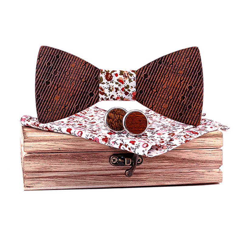 3Pcs Men's Hollow Leaves-shaped Wooden Bow Tie Set