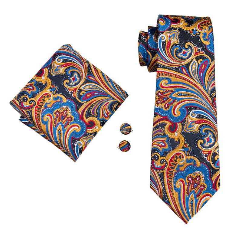 Yellow & Blue 3Pcs Men's Paisley Black Necktie Set