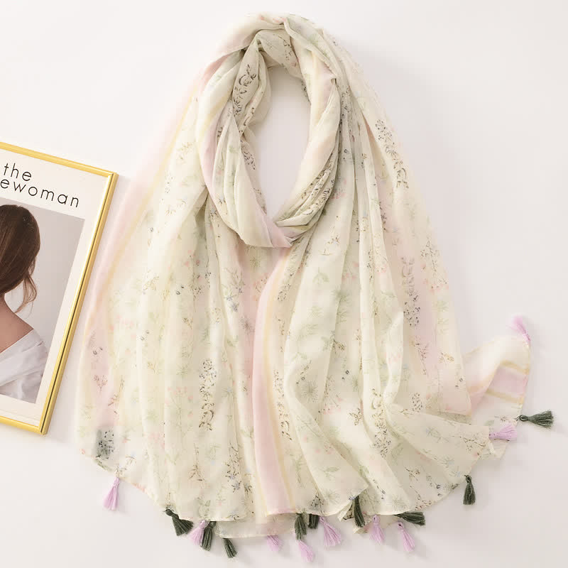 Women's Thin Lovely Butterfly Floral Tassel Scarf