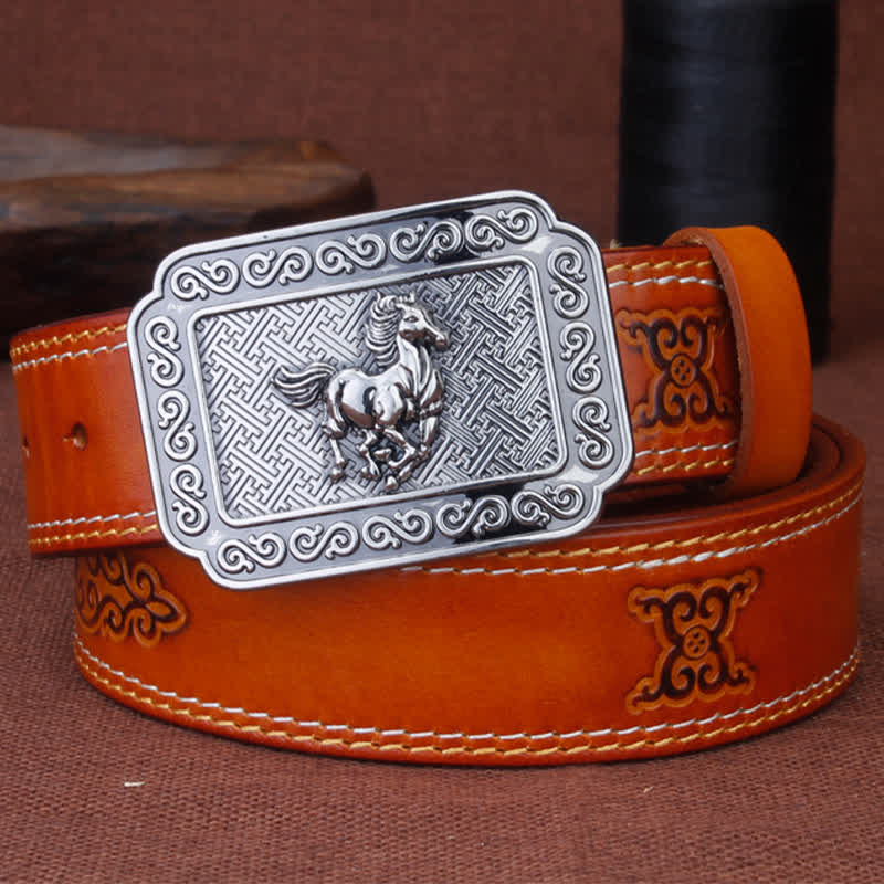 Men's Ethnic Cowboy Silver Horse Leather Belt