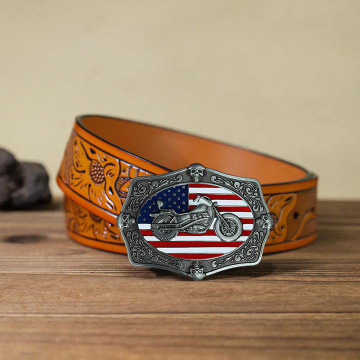 Men's DIY Motorcycle USA Flag Skull Buckle Leather Belt