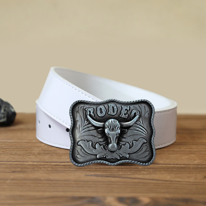 Men's DIY Silver Longhorn Bull Rodeo Buckle Leather Belt