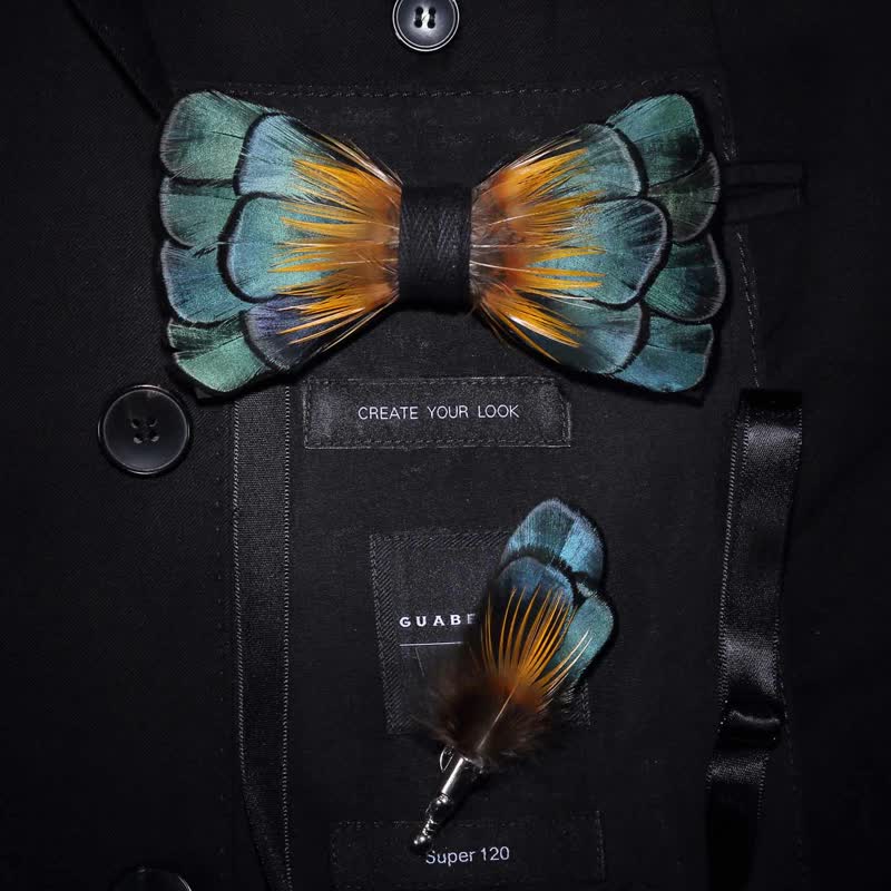 Green & Orange Sunflower Feather Bow Tie with Lapel Pin - Adult - image 0