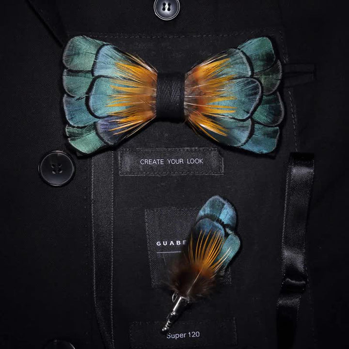 Green & Orange Sunflower Feather Bow Tie with Lapel Pin - Adult - image 0