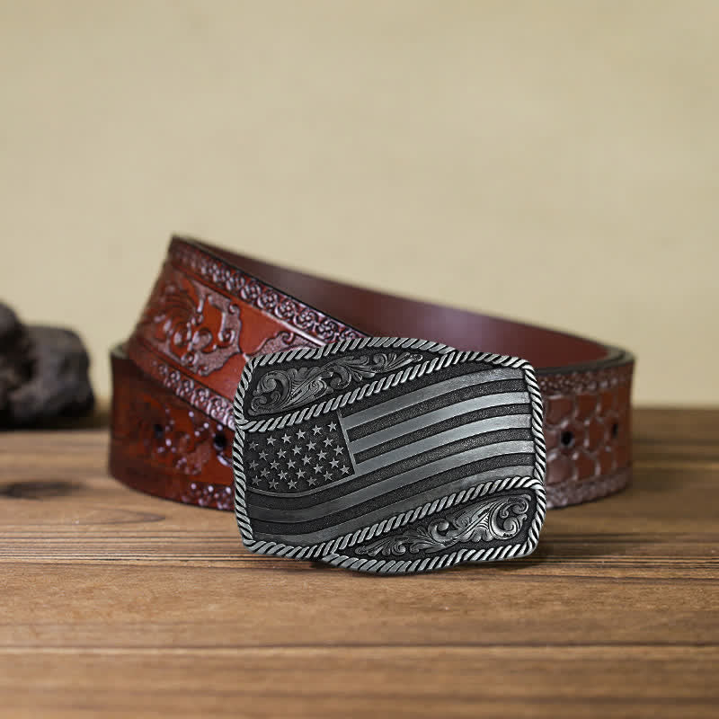 Men's DIY American Flag Antique Buckle Leather Belt