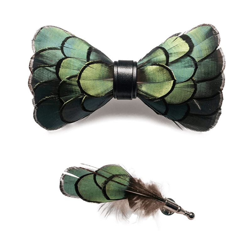 Kid's DarkOliveGreen Classic Feather Bow Tie with Lapel Pin