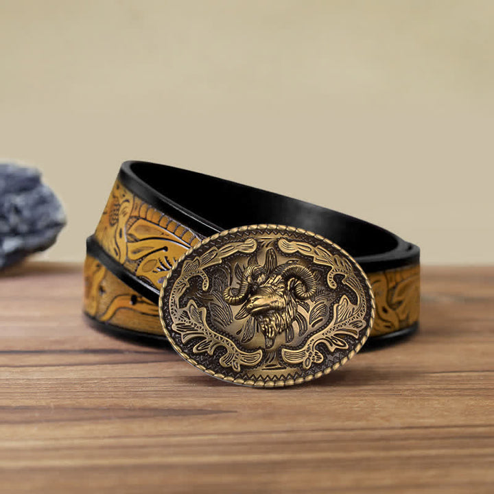 Men's DIY Bronze Wild Goat Head Buckle Leather Belt