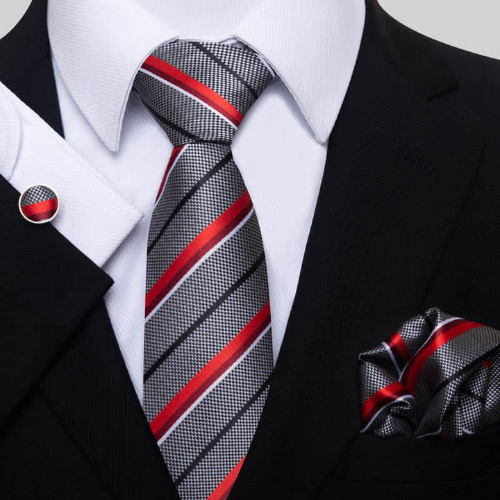 3Pcs Men's Gray & Red Striped Necktie Set - Gray & Red - image 0