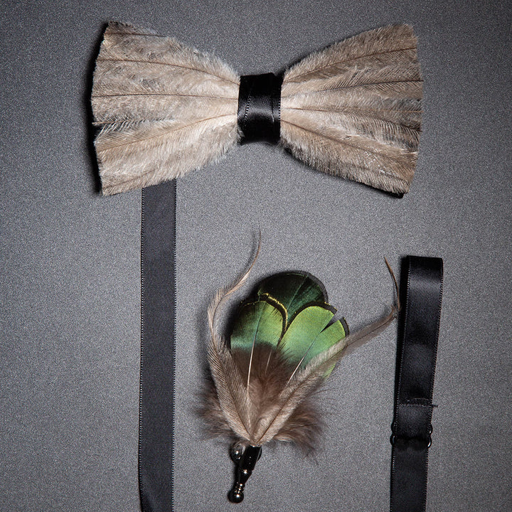 Brown & Gray Peace Feather Bow Tie with Lapel Pin