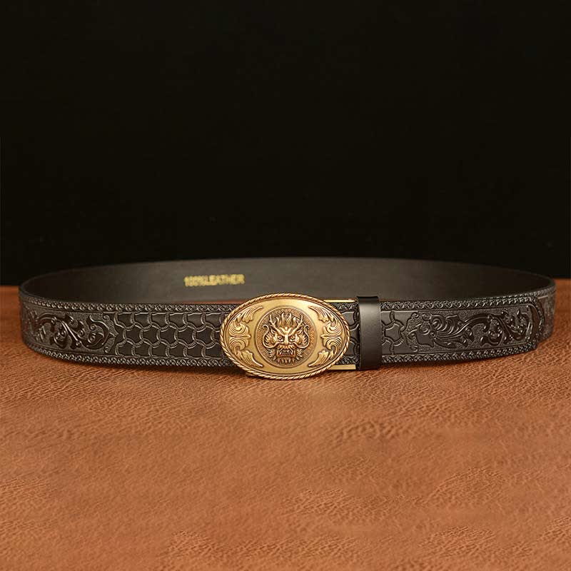 Men's Dragon Elliptical Buckle Leather Belt