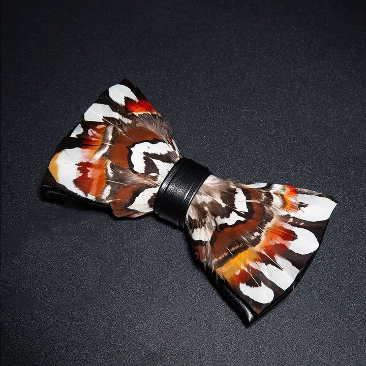 Brown & White Pheasant Feather Bow Tie with Lapel Pin