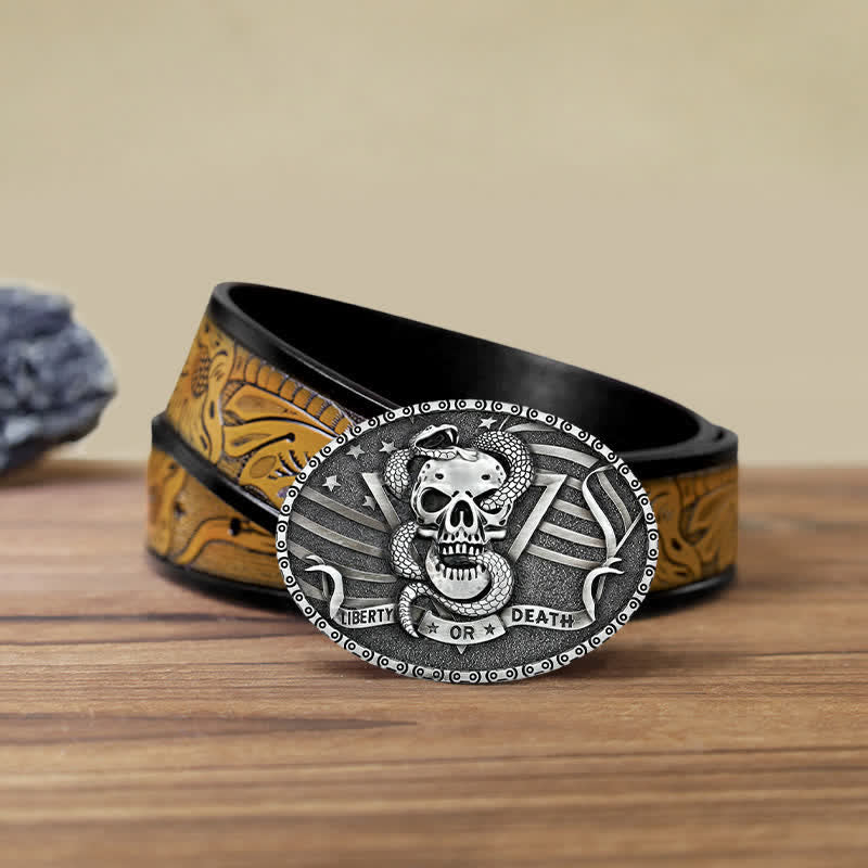 Men's DIY "Liberty or Death" Snake Skull Buckle Leather Belt