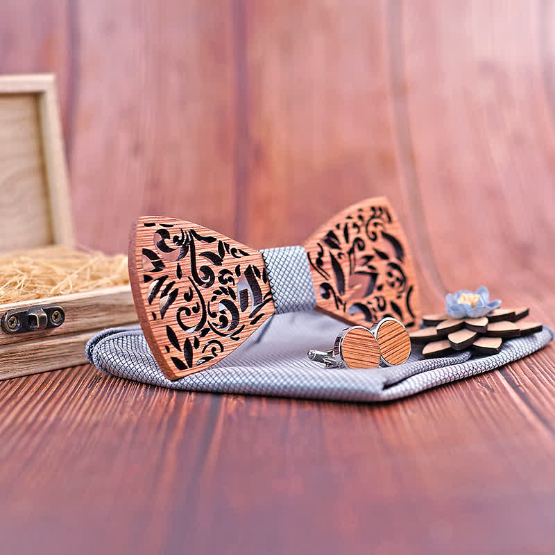 4Pcs Men's Plant Hollow Wooden Bow Tie Set