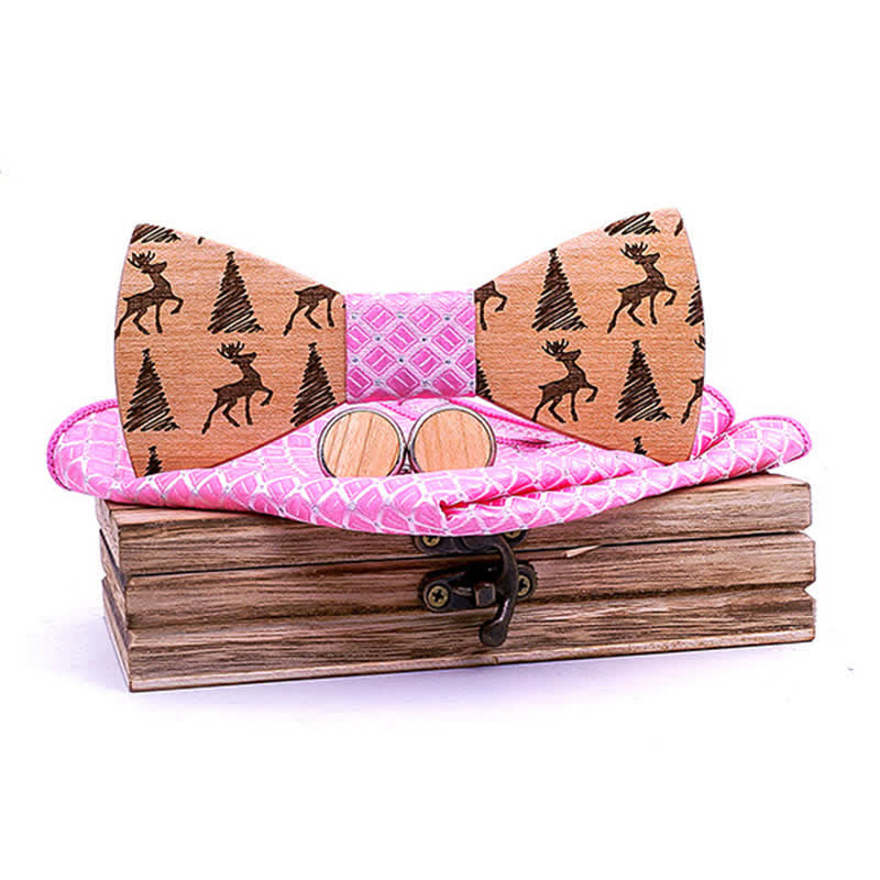 3Pcs Men's Christmas Tree Deer Pattern Wooden Bow Tie Set