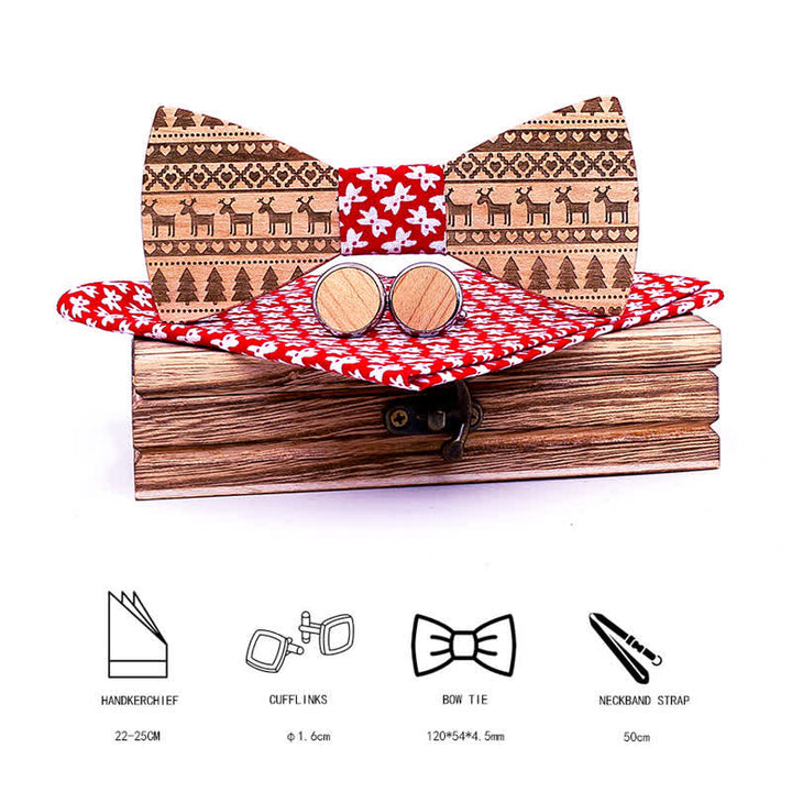 3Pcs Men's Christmas Theme Pattern Wooden Bow Tie Set