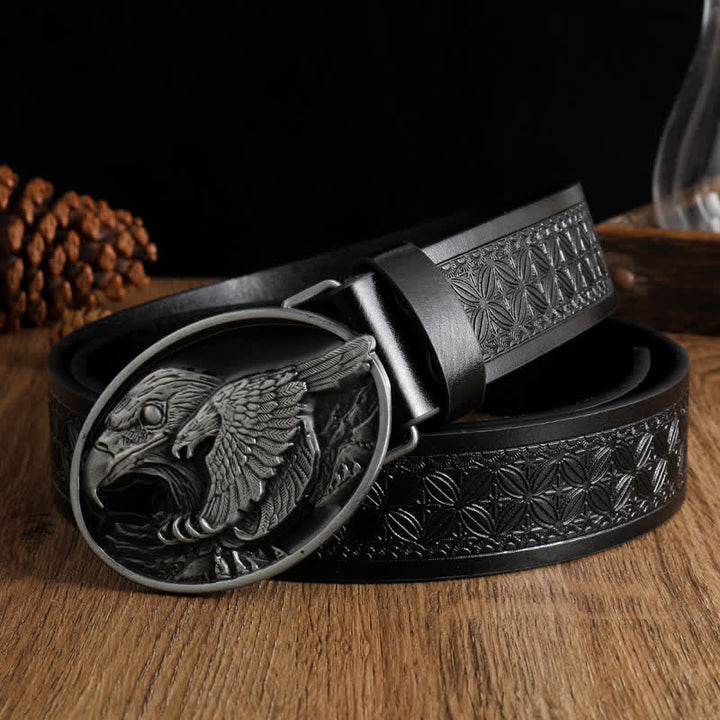 Men's Carved Bald Hawk Eagle Buckle Leather Belt