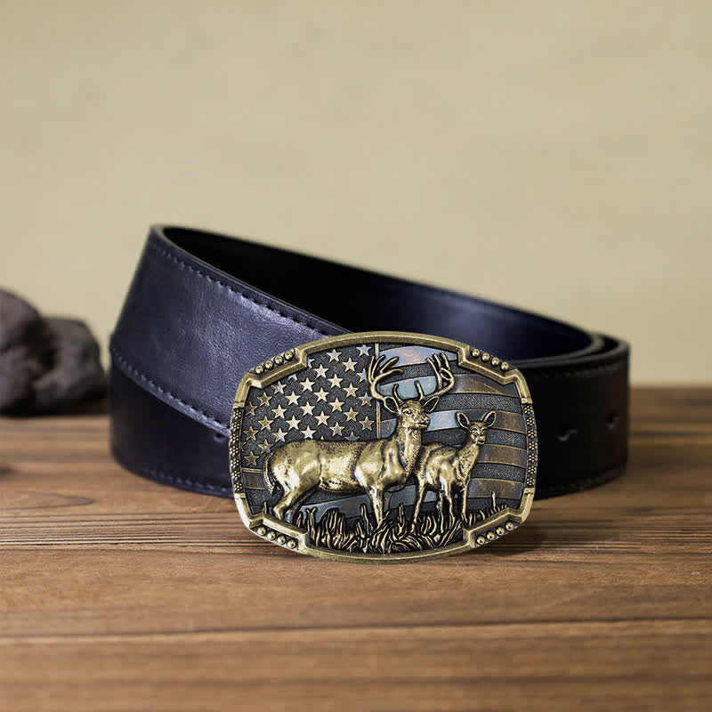 Men's DIY Deer Hunter American Flag Buckle Leather Belt