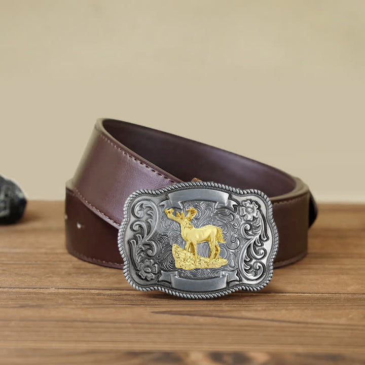 Men's DIY Gold Carving Animal Buckle Leather Belt - Deer - Brown PU Belt (40) - image 32