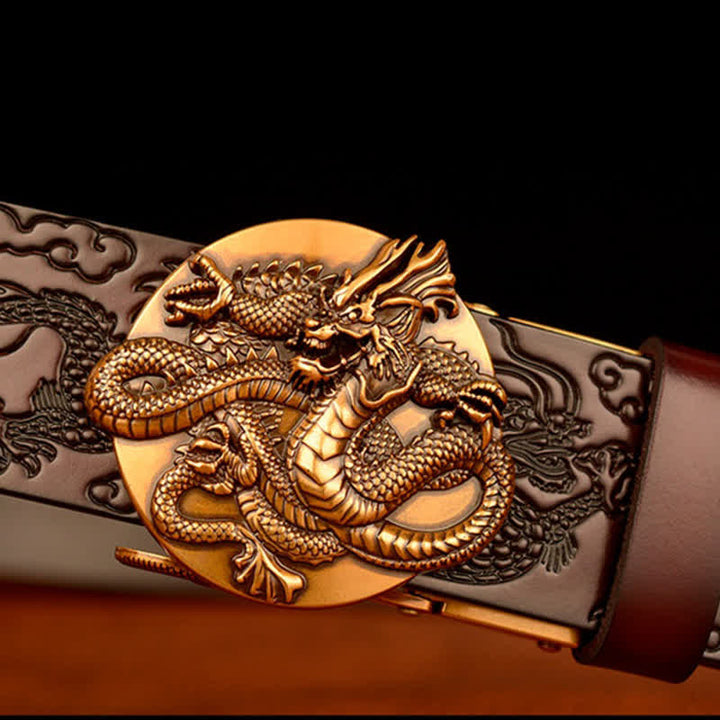 Men's Flame Dragon Round Automatic Buckle Leather Belt