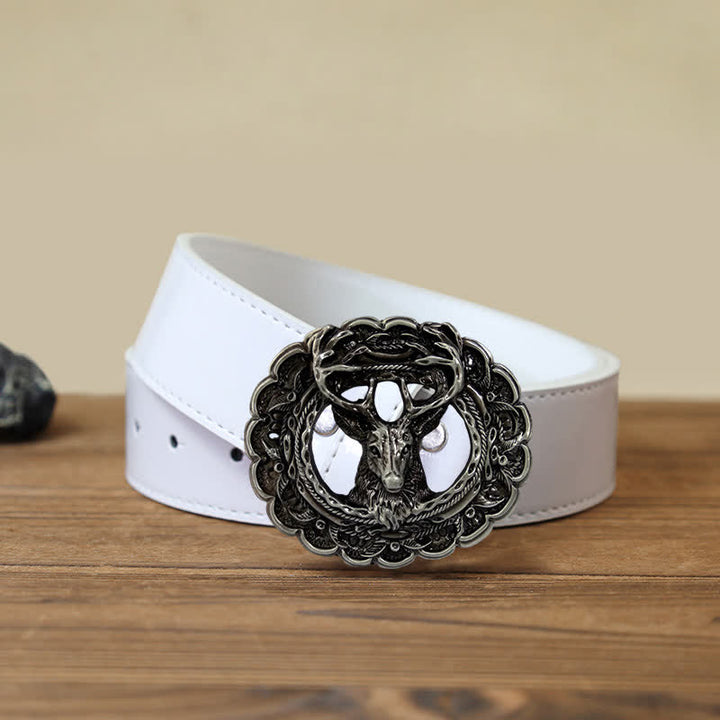 Men's DIY Hollow 3D Elk Antler Buckle Leather Belt