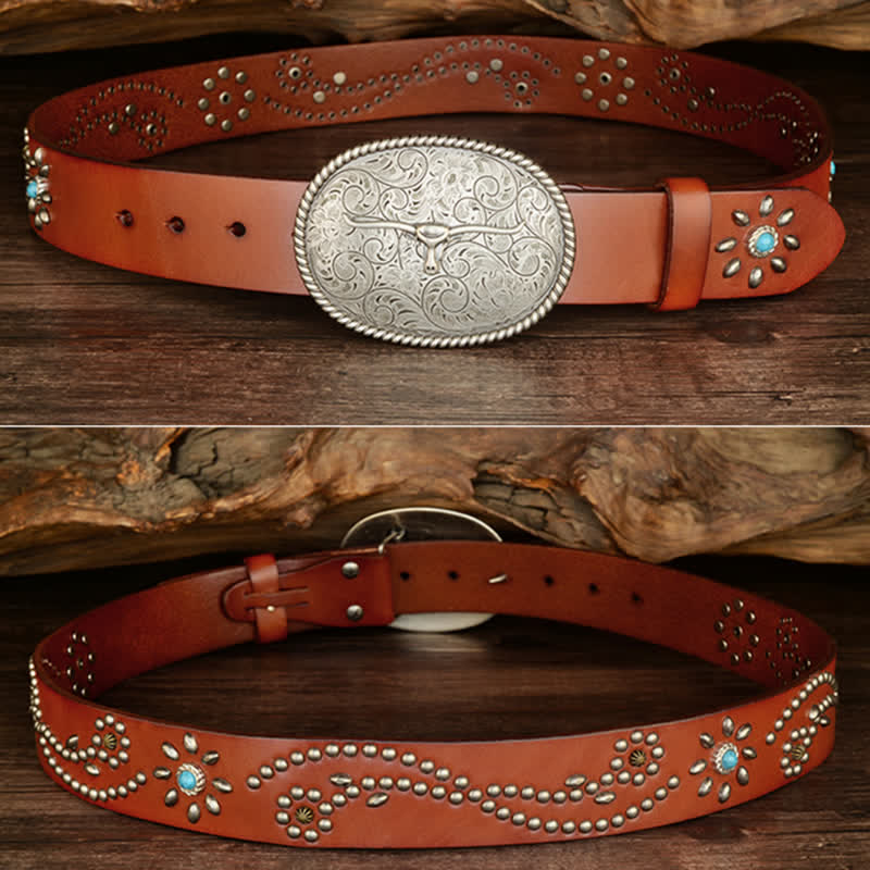 Men's Punk Rivet Longhorn Bull Turquoise Real Leather Belt