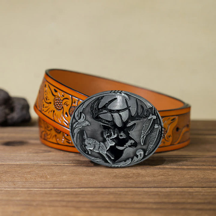 Men's DIY Deer Hunting Antlers Buckle Leather Belt