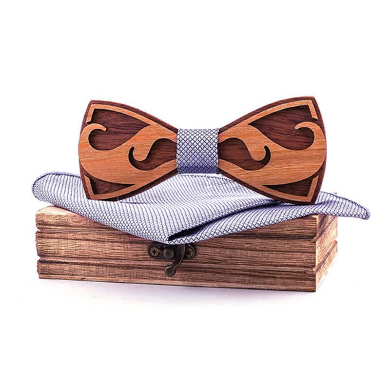 2Pcs Men's Carving Beards Wooden Bow Tie Set