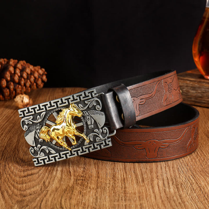 Men's Running Horse Geometric Buckle Leather Belt