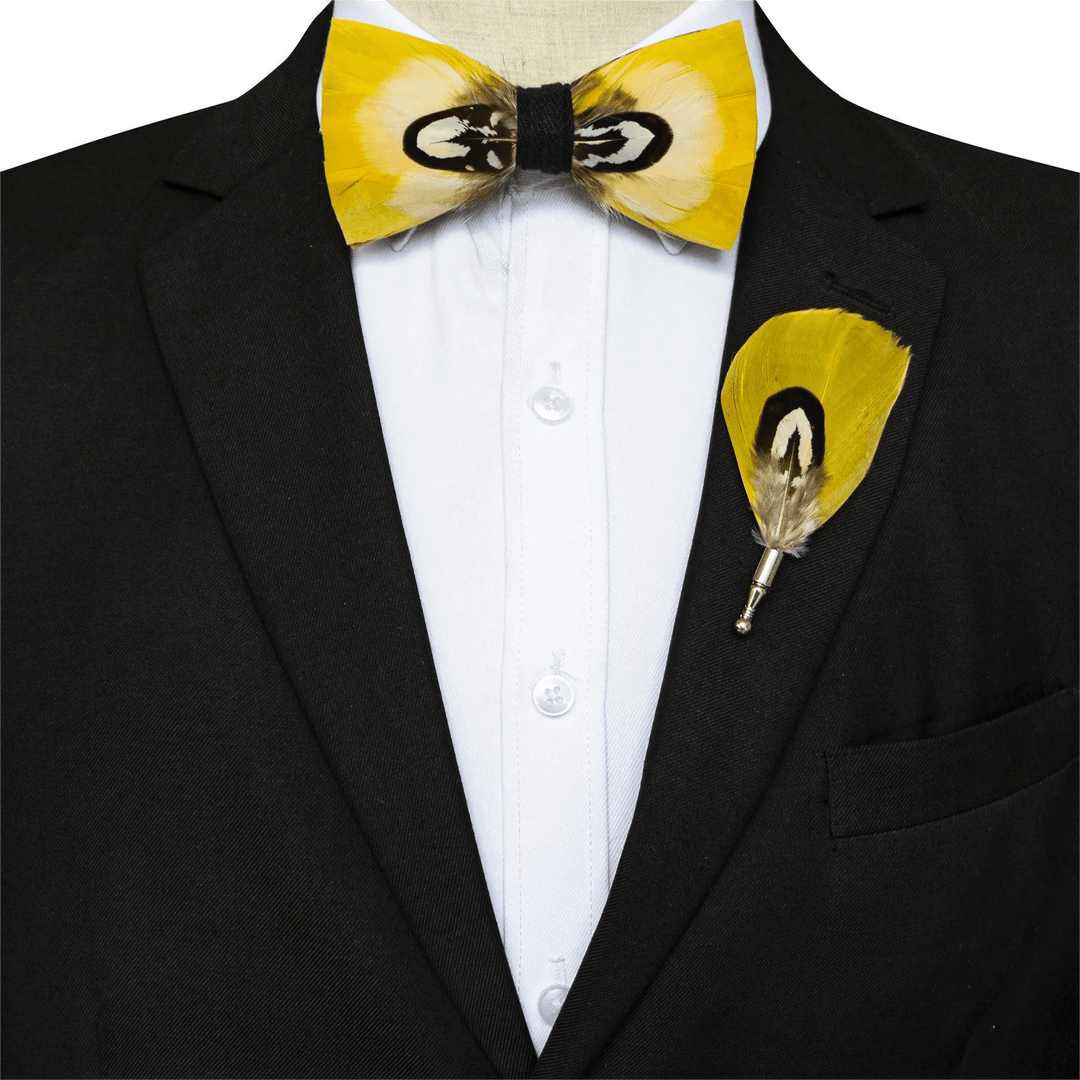 Yellow Parrot Feather Bow Tie with Lapel Pin