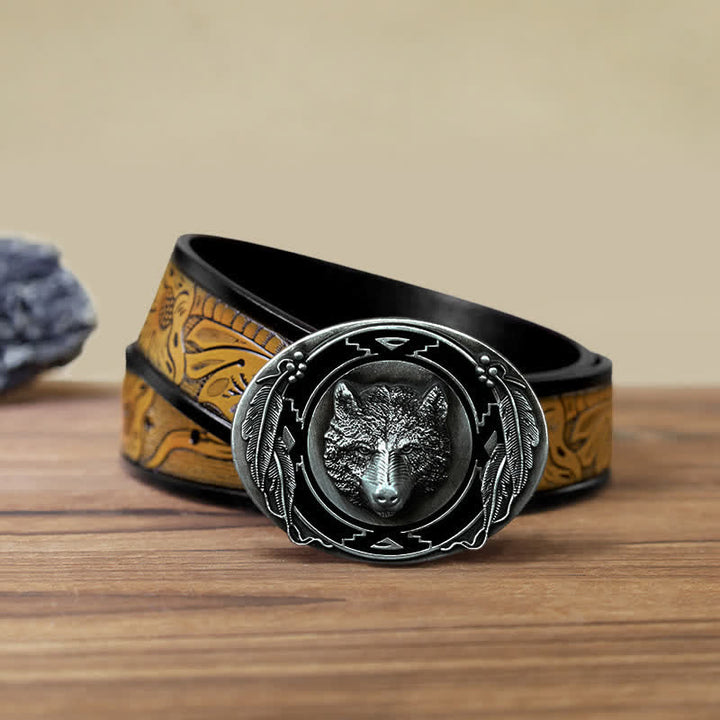 Men's DIY Vivid Wolf Head Buckle Leather Belt