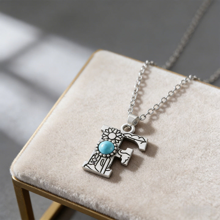 Vintage Initial Letter Turquoise Charm Necklace - F - image 15