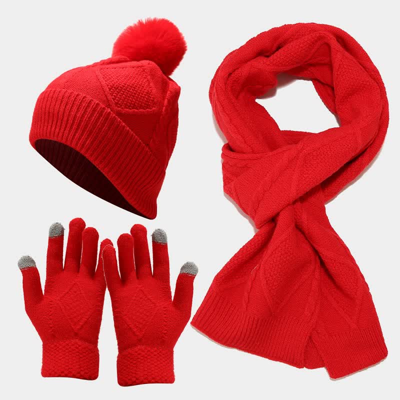 3Pcs Women's Diamond Poms Beanie Hat Scarf Gloves Set