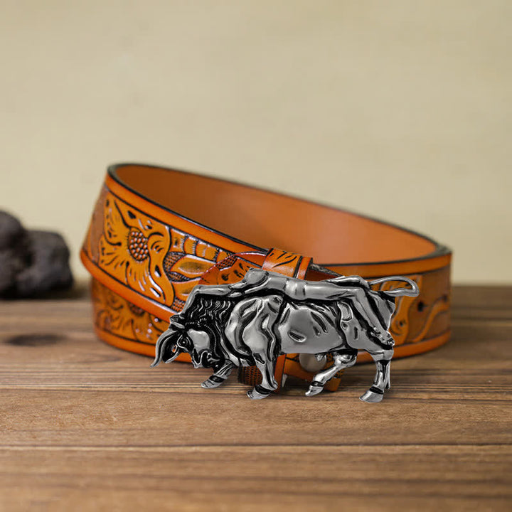 Men's DIY Authentic Silver Bull Buckle Leather Belt