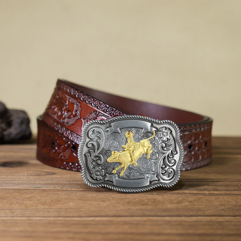 Men's DIY Gold Carving Animal Buckle Leather Belt