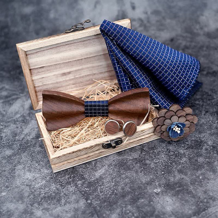 4Pcs Men's Black Walnut Wooden Bow Tie Set