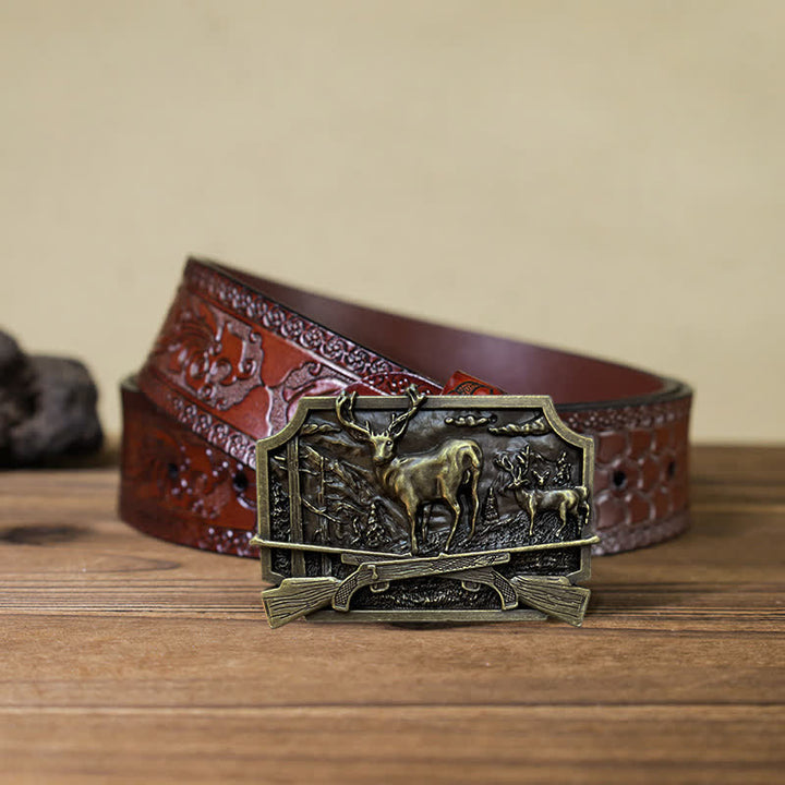 Men's DIY Deer Shotgun Hunter Buckle Leather Belt