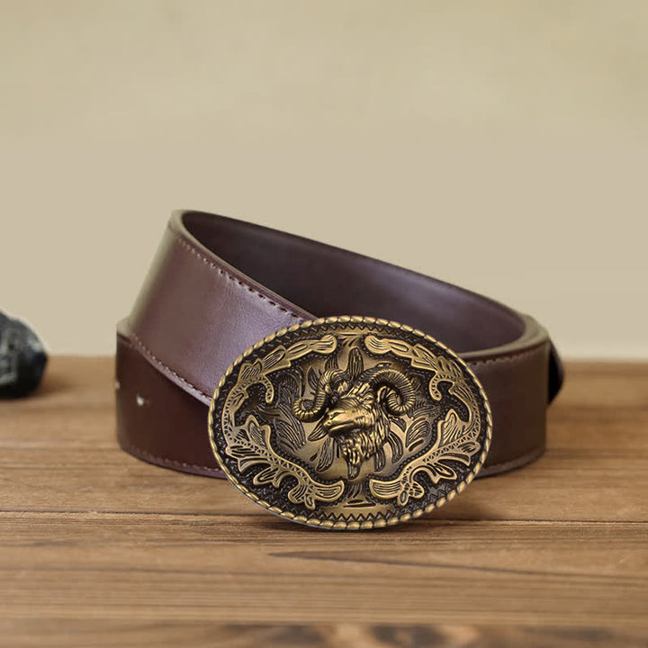 Men's DIY Bronze Wild Goat Head Buckle Leather Belt