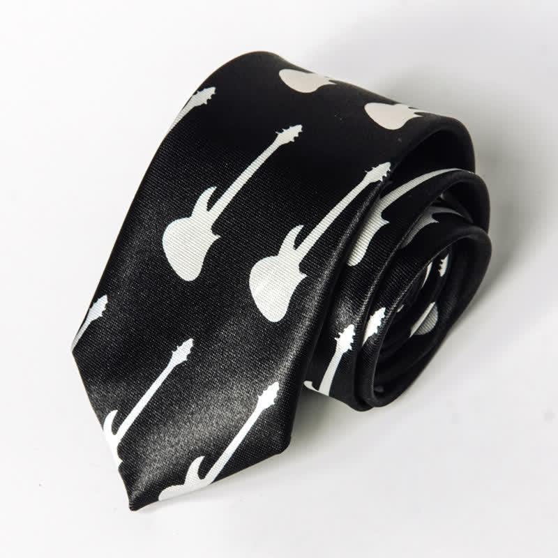 Men's Personality Piano Music Note Necktie - Black & White Guitar - image 5