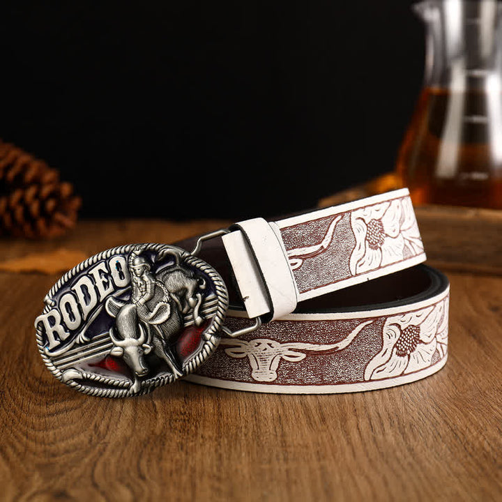 Men's Rodeo Bullfighting White Embossed Leather Belt