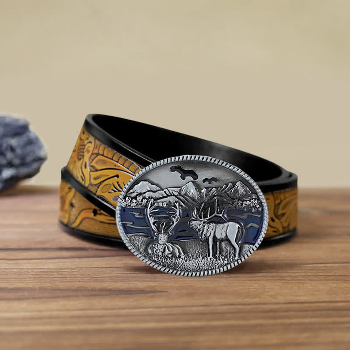 Men's DIY Enamel Wild Life Deer Buckle Leather Belt