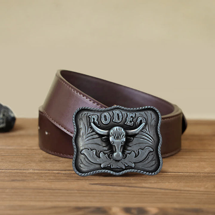 Men's DIY Silver Longhorn Bull Rodeo Buckle Leather Belt