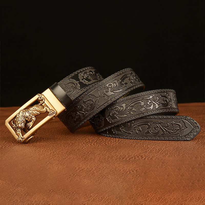 Men's Tiger Buckle Floral Embossed Leather Belt