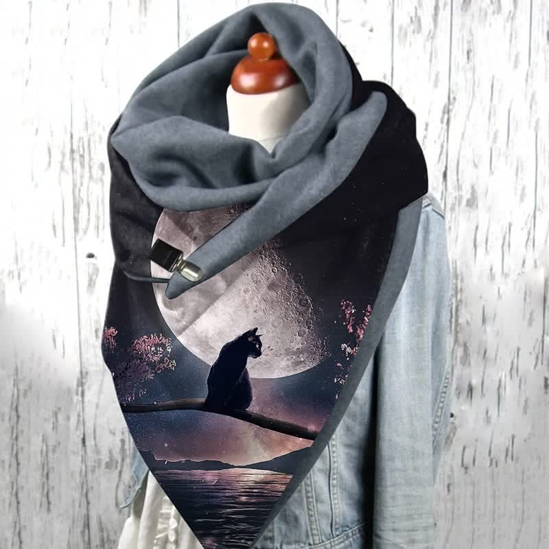 Women's Moon Night Cat Print Triangle Scarf