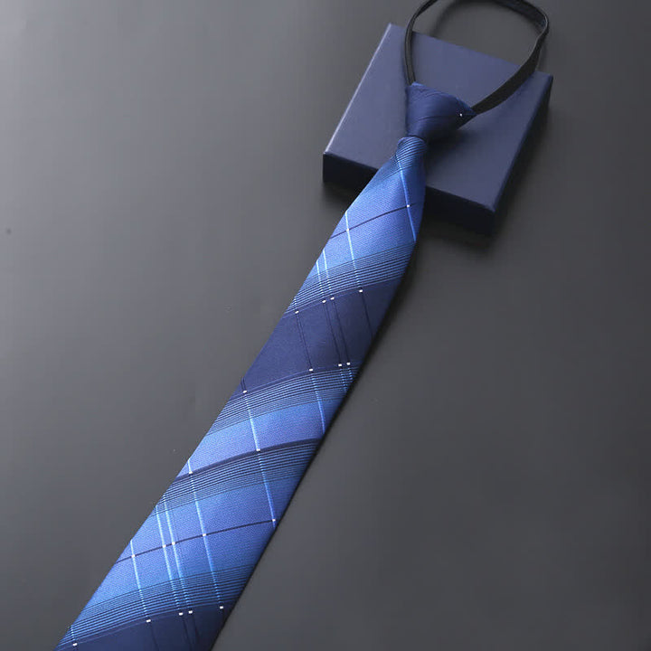 Men's Official Zipper Tie Wedding Necktie - Navy Plaid - image 2