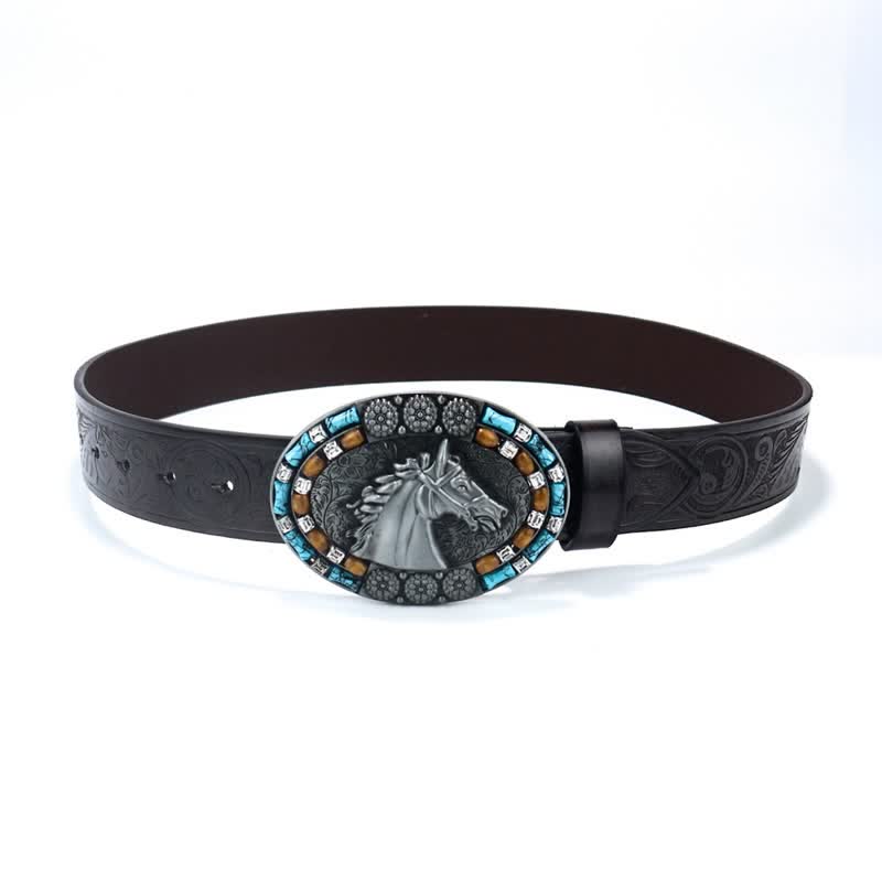 Men's Cowboy Horse Head Turquoise Leather Belt