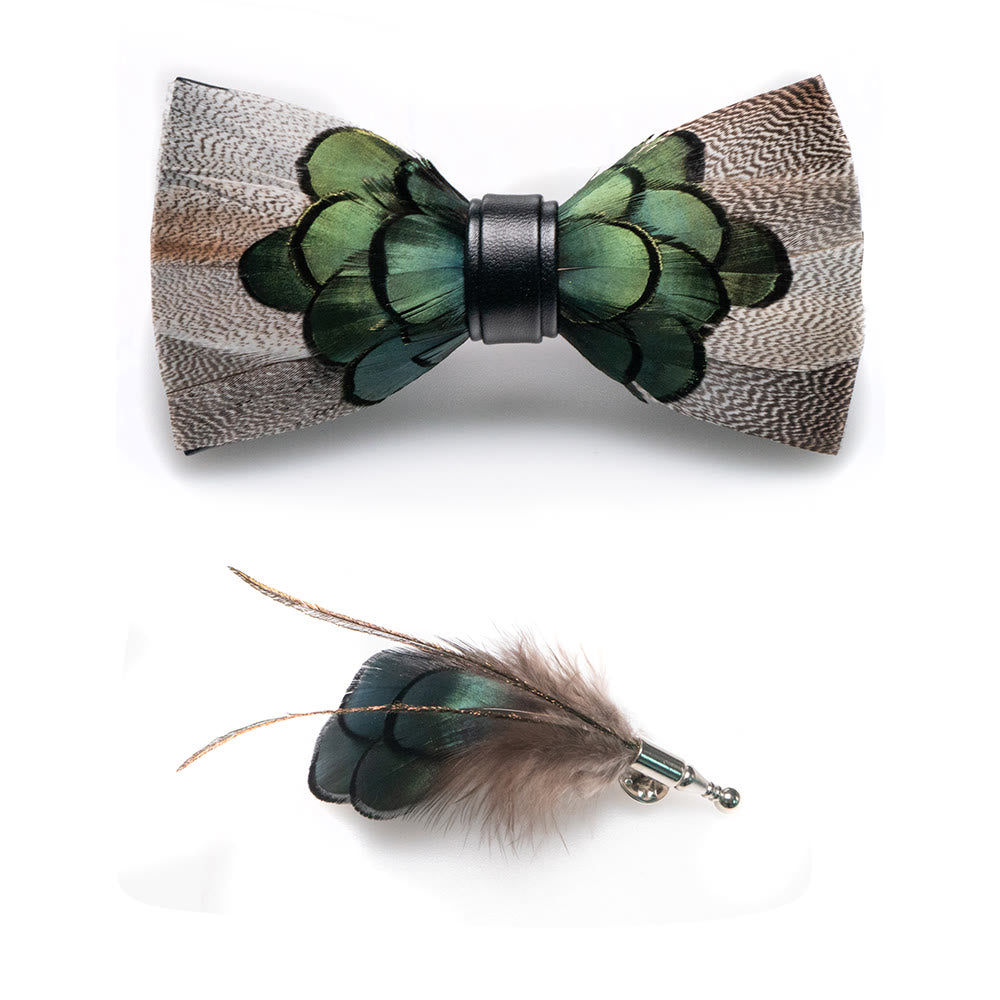 Grey & Forest Green Feather Bow Tie with Lapel Pin