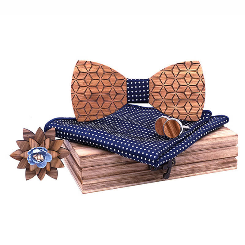 4Pcs Men's Geometric Carving Wooden Bow Tie Set