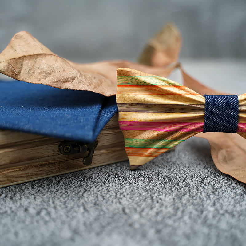 2Pcs Men's Rainbow Wrinkle Wooden Bow Tie Set