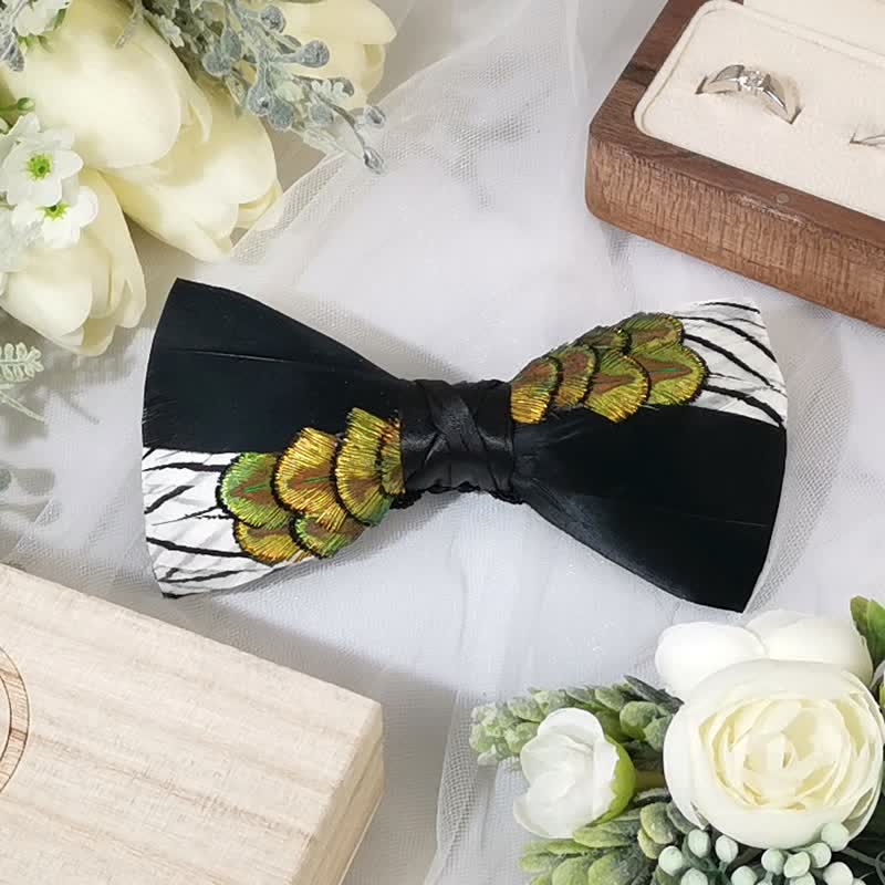 Black & White Patchwork Peacock Feather Bow Tie