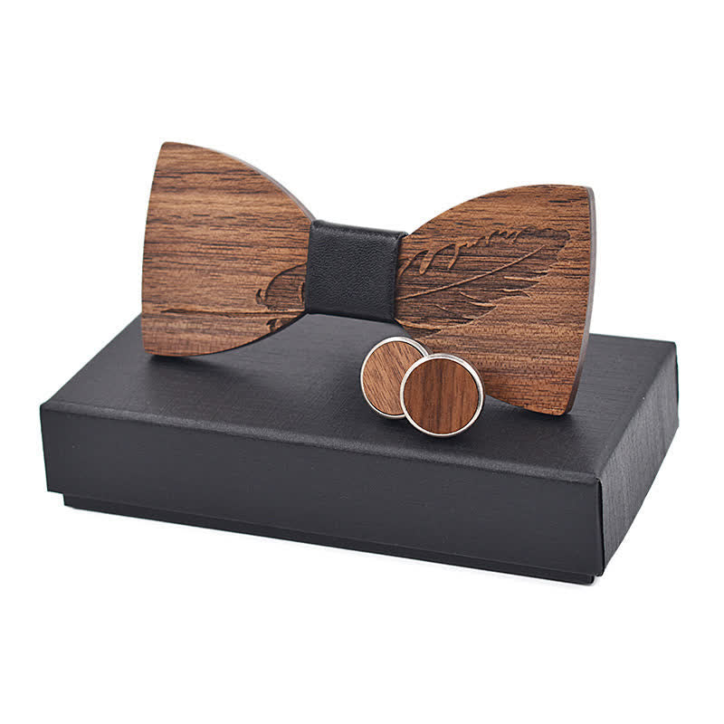 2Pcs Men's Feather Engraving Wooden Bow Tie Set